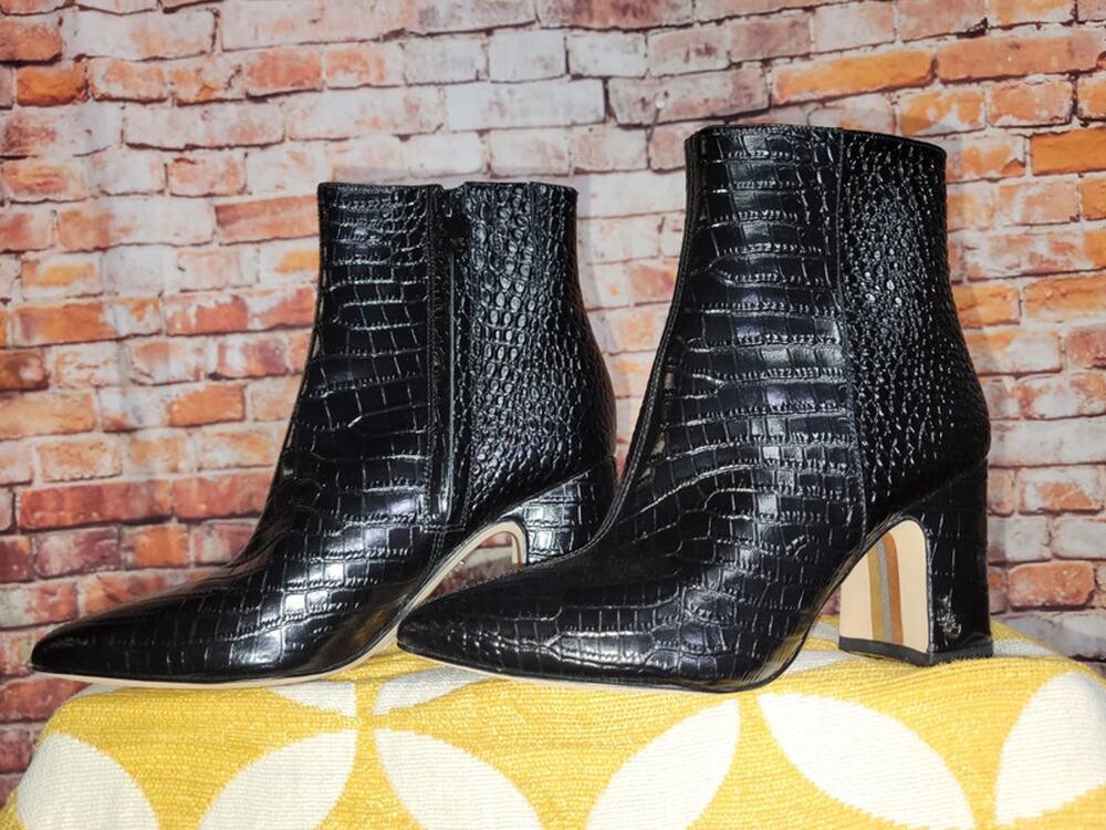 Sam Edelman black crocodile embossed leather ankle boots